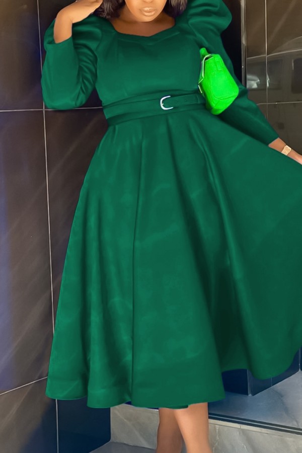 グリーン カジュアル ソリッド ベルト付き スクエアカラー 長袖 ドレス