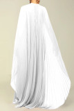 Vestido longo branco street sólido patchwork plissado com decote em O