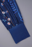 Robes décontractées à manches longues et col en V imprimé patchwork bleu foncé