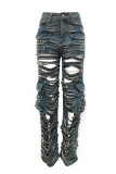 Light Blue Casual Solid Hollowed Out High Waist Skinny Ripped Cargo Denim Jeans (Subject To The Actual Object)