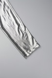 Grey Casual Solid Patchwork Slit V Neck Long Sleeve Plus Size Dresses
