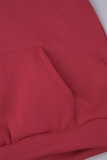 Rouge décontracté imprimé Patchwork cordon de serrage poche col à capuche manches longues deux pièces