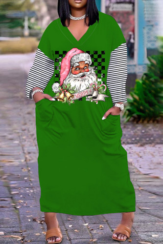 Green White Casual Print Santa Claus Patchwork V Neck Long Dress Dresses