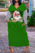 グリーン ホワイト カジュアル プリント サンタ クロース パッチワーク V ネック ロング ドレス ドレス