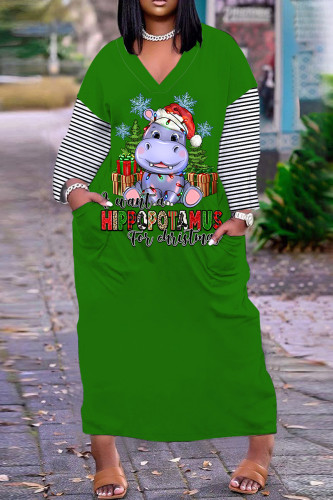 Green Red Casual Print Santa Claus Patchwork V Neck Long Dress Dresses