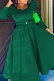 Verde casual sólido com cinto gola quadrada vestidos de manga comprida