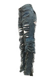 Vaqueros de mezclilla ajustados de cintura alta, ahuecados, rasgados, sólidos, informales, azul claro (sujeto al objeto real)