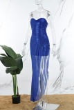 ブルーパーティーフォーマルパッチワークソリッドスパンコールパッチワークスパンコールメッシュソリッドカラーストラップレスイブニングドレスドレス