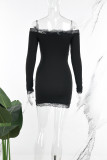 ブラックのセクシーなソリッドレースパッチワークオフショルダーラップスカートドレス
