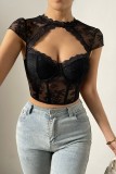 Black Sexy Casual Solid Hollowed Out See-through O Neck Tops
