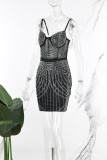 Svart sexigt lapptäcke Hot Drilling Genomskinlig rygglös spaghettiband omslagna kjolklänningar