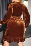 Laranja casual sólido frênulo com decote em V vestidos plus size