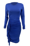 Azul elegante sólido patchwork babado fenda dobra o pescoço manga comprida vestidos plus size