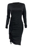 Black Elegant Solid Patchwork Flounce Slit Fold O Neck Long Sleeve Plus Size Dresses