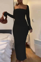 ブラック カジュアル ソリッド ベーシック スクエア カラー 長袖 ドレス