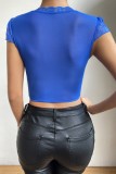 Royal Blue Sexy Casual Solid Hollowed Out See-through O Neck Tops