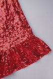 Rote, lässige Patchwork-Pailletten-Tops mit Umlegekragen