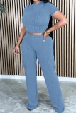 Blue Casual Solid Basic Half A Turtleneck Short Sleeve Two Pieces