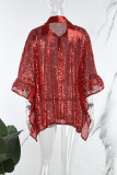 Red Casual Patchwork Sequins Turndown Collar Tops
