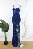 Royal Blue Sexy Formal Patchwork Lantejoulas Backless Slit Spaghetti Strap Vestidos de noite