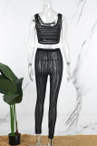 Black Sexy Casual Patchwork See-through Vests Pants U Neck Sleeveless Two Pieces