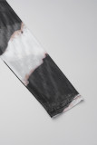 Schwarz-weißes, sexy bedrucktes Patchwork-Etuikleid mit O-Ausschnitt