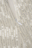 Prata casual patchwork lantejoulas com decote em V macacões regulares