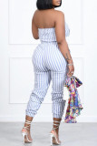 Blauwe sexy casual gestreepte print backless strapless skinny jumpsuits
