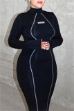 ブラック カジュアル ソリッド パッチワーク スリット タートルネック ロング ドレス ドレス