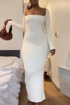Branco casual sólido básico gola quadrada vestidos de manga comprida