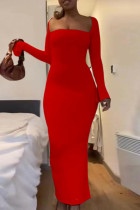 Red Casual Solid Basic Square Collar Long Sleeve Dresses