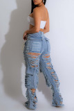 Light Blue Casual Solid Hollowed Out High Waist Skinny Ripped Cargo Denim Jeans (Subject To The Actual Object)