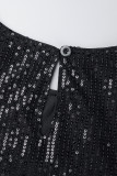 Vestidos pretos casuais patchwork com lantejoulas e manga comprida com decote em bico