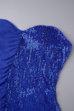 Blaues Party-formales Patchwork-Festkleid mit Pailletten, Patchwork-Pailletten, Netzstoff, einfarbig, trägerlos, Abendkleid