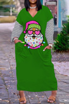 Vestido largo con cuello en V y retales de Papá Noel con estampado informal verde Vestidos