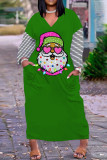 Vestido longo verde casual estampado Papai Noel patchwork com decote em V