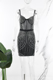 Zwarte Sexy Patchwork Hot Drilling See-through Backless Spaghetti Strap Wrapped Skirt Jurken