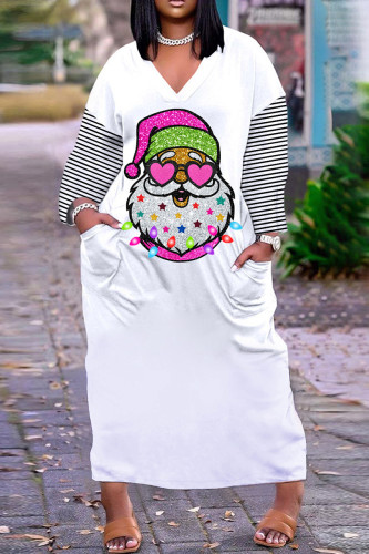 White Casual Print Santa Claus Patchwork V Neck Long Dress Dresses