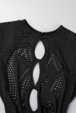 Zwarte sexy effen uitgeholde patchwork doorzichtige skinny jumpsuits met O-hals