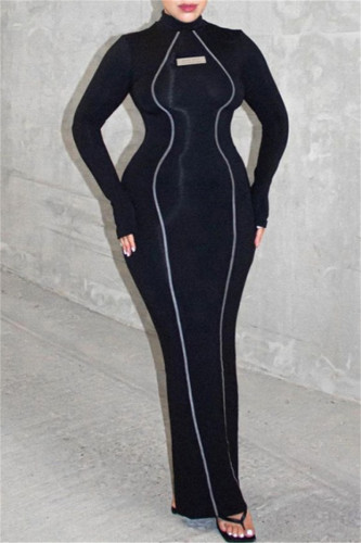 Black Casual Solid Patchwork Slit Turtleneck Long Dress Dresses