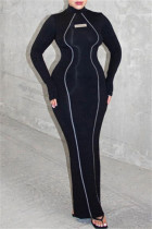 Zwarte casual effen patchwork split coltrui lange jurk jurken