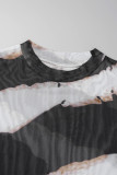 Schwarz-weißes, sexy bedrucktes Patchwork-Etuikleid mit O-Ausschnitt