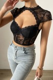 Black Sexy Casual Solid Hollowed Out See-through O Neck Tops