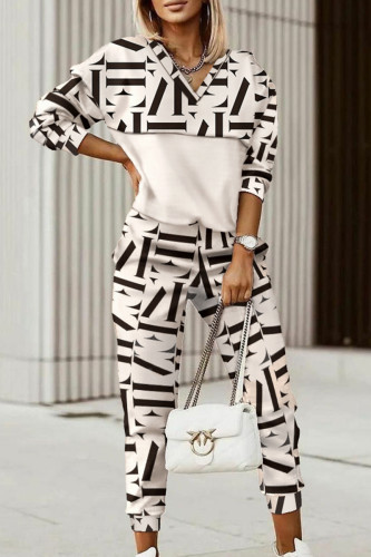Apricot Elegant Print Patchwork V Neck Three Quarter Two Pieces