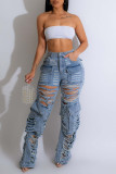 Jeans skinny in denim a vita alta, casual, azzurri, solidi, strappati, scavati, (soggetti all'oggetto reale)