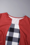 Vestidos casuais vermelhos xadrez patchwork gola assimétrica lápis saia