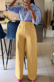 Pantalon décontracté couleur unie, jaune terre, poche Patchwork, taille haute, conventionnel, couleur unie