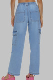 Blue Street Pantalones rectos de color liso con botones de bolsillo y cremallera rectos de cintura baja