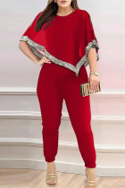 Red Casual Solid Sequins Patchwork O Neck Half Sleeve Two Pieces