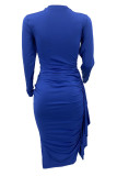 Синие элегантные однотонные лоскутные платья с воланами и разрезом, круглым вырезом и длинным рукавом, платья больших размеров